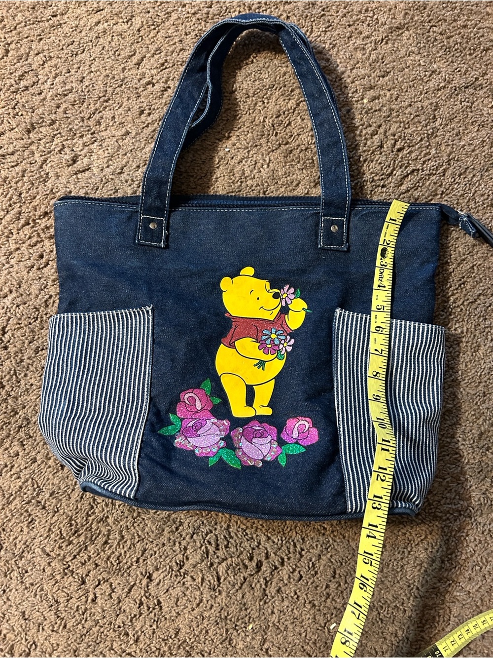Vintage Disney Winnie the Pooh Navy Denim Tote Bag with Floral Print Y2K - Picture 4 of 5